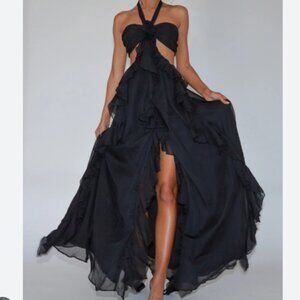 LUXXEL Black Strapless Ruffle Gothic Formal High Low Maxi Dress Rosette Size L